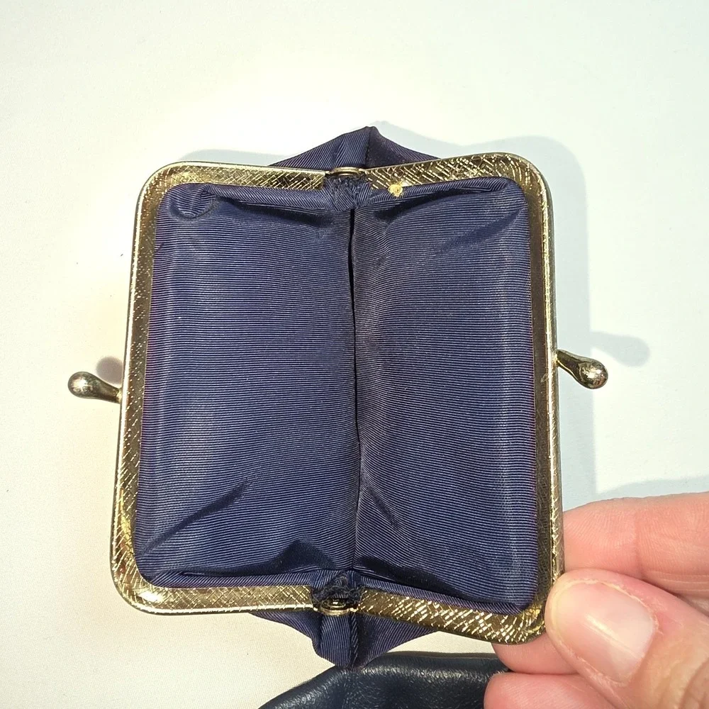 Vintage 1960s Morris Markowitz Navy Leather Evening‎ Bag Gold Chain + Coin Purse